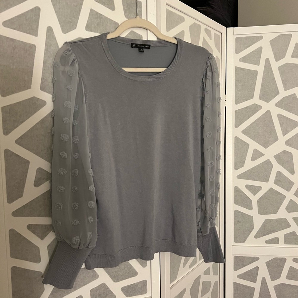 Adrianna Papell Gray Blouse with Textured Sheer Sleeves